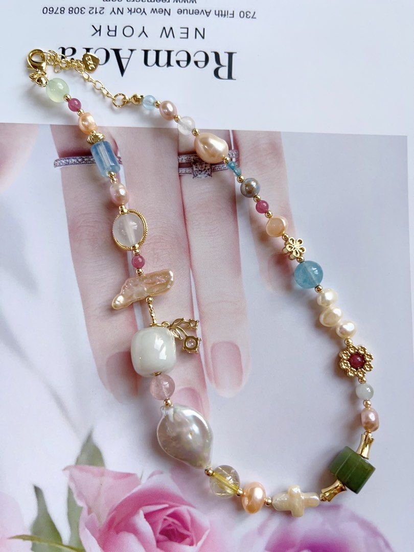 #PN403 “Rose Garden” Natural Freshwater Pearl Necklace |Natural Stones|Moonstone|Jade|Aquamarine|Tourmaline|Agate|Baroque Pearl |Mixed Shape