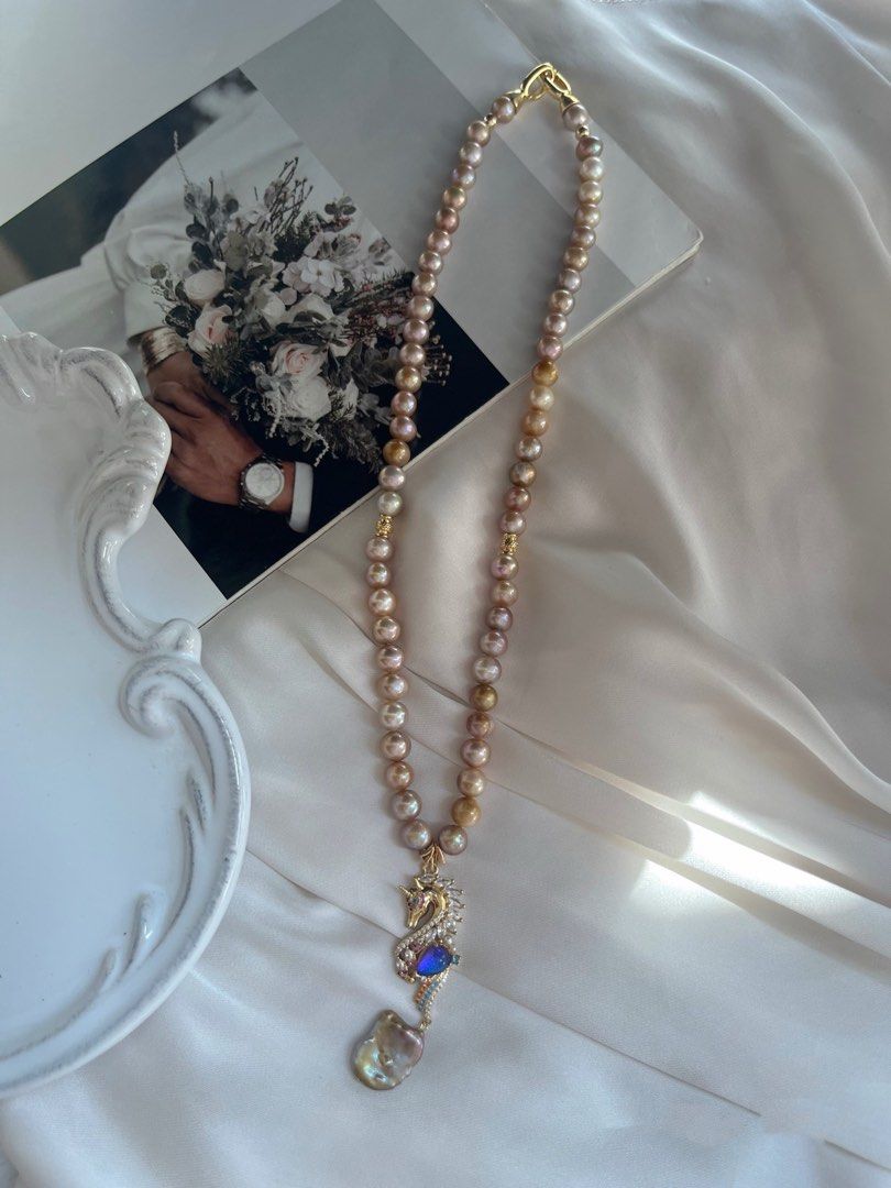 #PN264 Golden Wonder|Freshwater Pearl Necklace |Vintage|Natural Metallic Colour |Seahorse Pendant