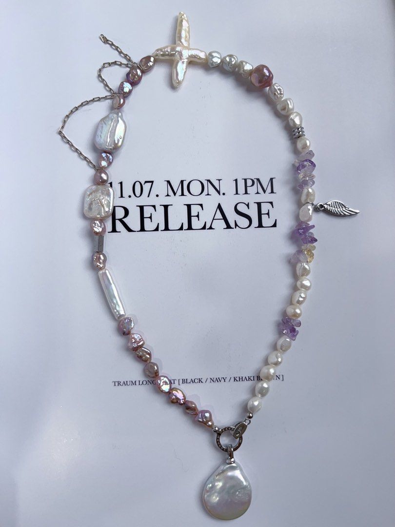 #PN407 [Sale]Handmade Original Design Freshwater Pearl Necklace |Double-sided|Big Waterdrop Baroque Pearl Removable Pendant|Cross|Purple Quartz |Dripping