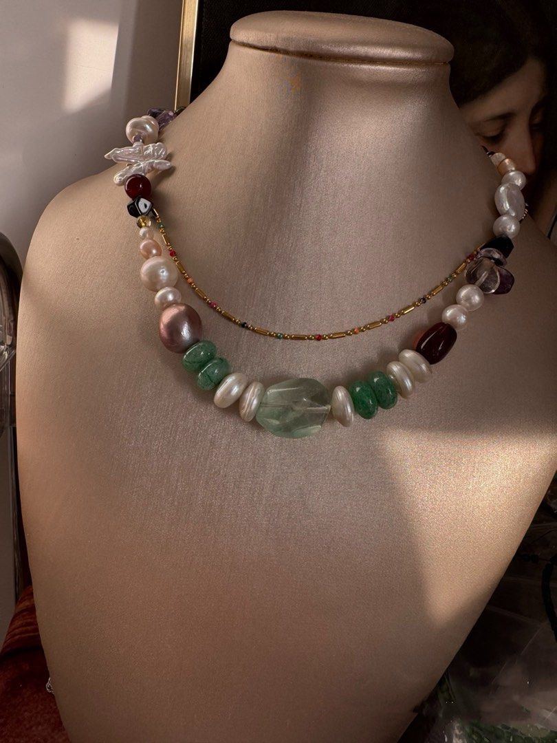 #PN415 Green Elf|Freshwater Pearl Necklace |Natural Flaws|Jade|Fluorite|Purple Quartz |Mixed Shapes