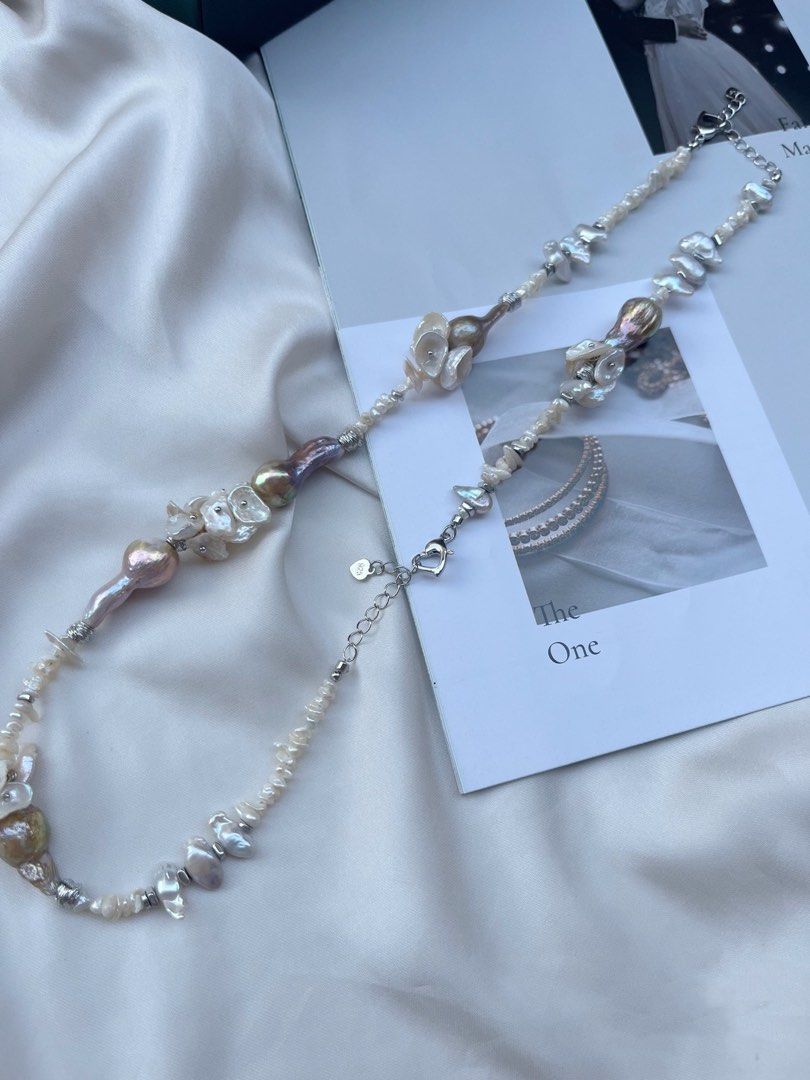 #PN32 [Floral Series]Layered Petals Avocado Freshwater Water-drop Baroque Pearl Necklace & Bracelet