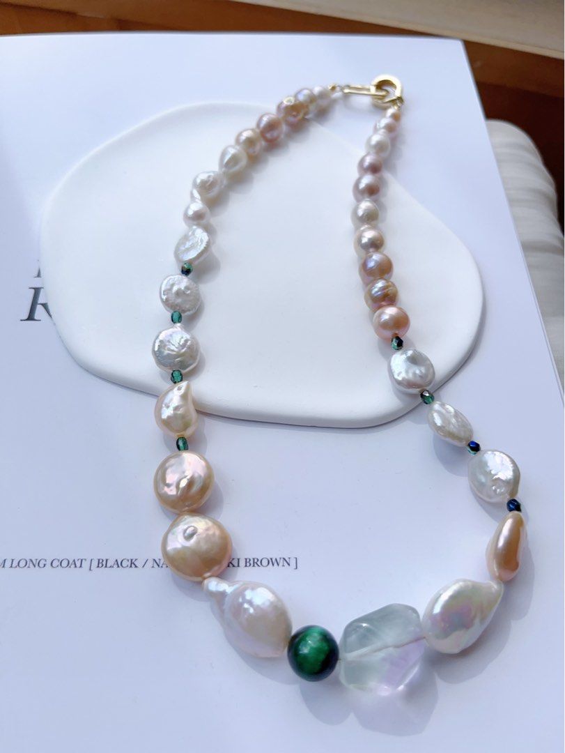 #PN399 [Sale]Autumn’s Forest |Freshwater Pearl Necklace |Fluorite|Malachite|Coin Pearl |Colourful|Wrinkled Baroque Pearl |Golden Lustre