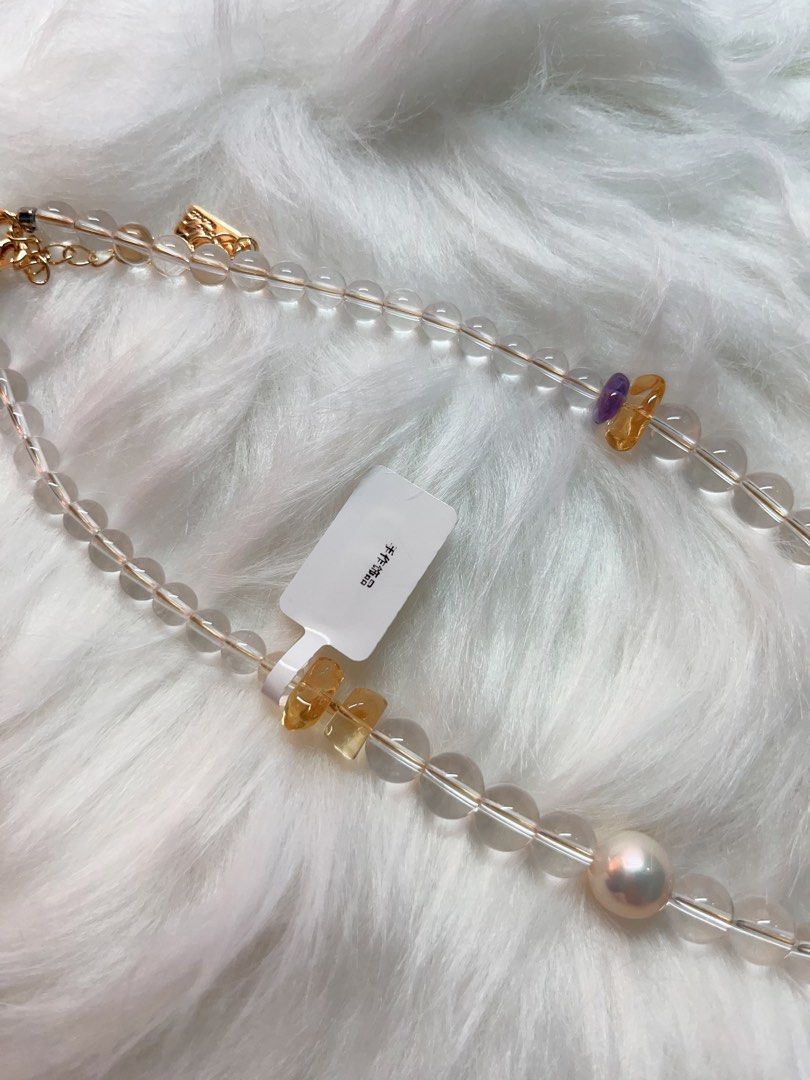 #PN281 Pearl Innocence | Freshwater Pearl Necklace | Clear Quartz Freeform, Round Beads| Big Baroque Pearl |Lustrous| Strawberry Quartz