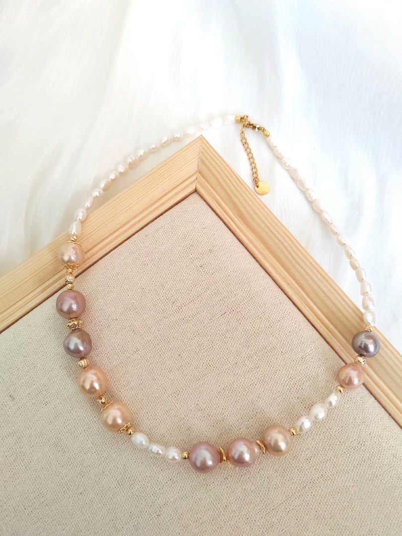 #PN381 [Clearance Sale] Golden Stage| Freshwater Pearl Necklace | Peach, Purple Baroque Pearl | Baby Baroque Pearl | Excellent Lustre