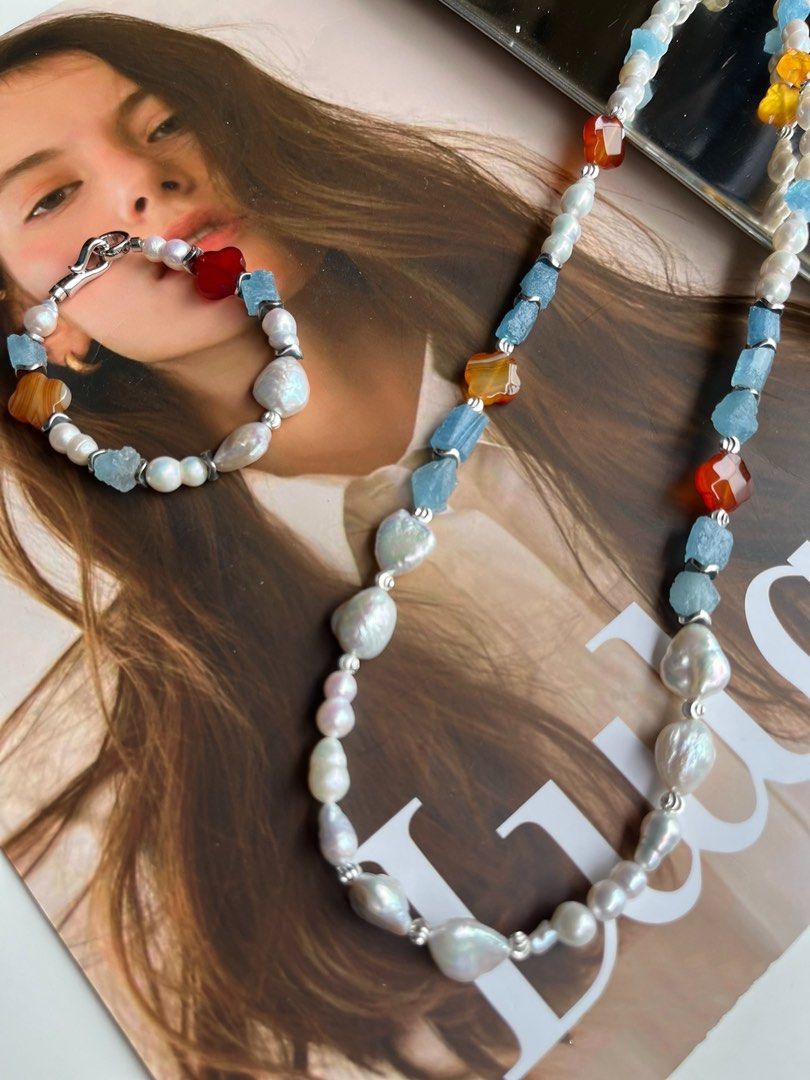 #PN184 Blue & Red|Freshwater Pearl Necklace & Bracelet Set|Agate Clover|Aquamarine Original Stone|Gourd Shaped Pearl|Bow|Baroque Pearl