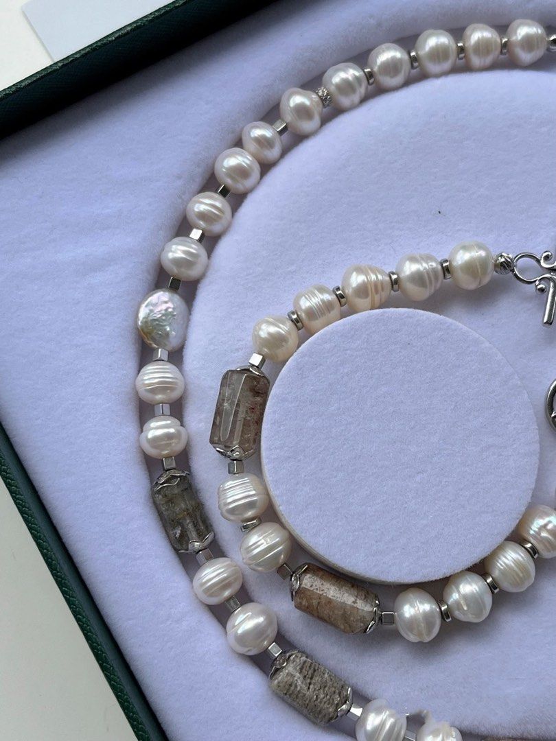 #PN234 Unisex| Freshwater Pearl Necklace & Bracelet Set |UFO Shaped Pearl |Grey Agate|Natural Growth Lines