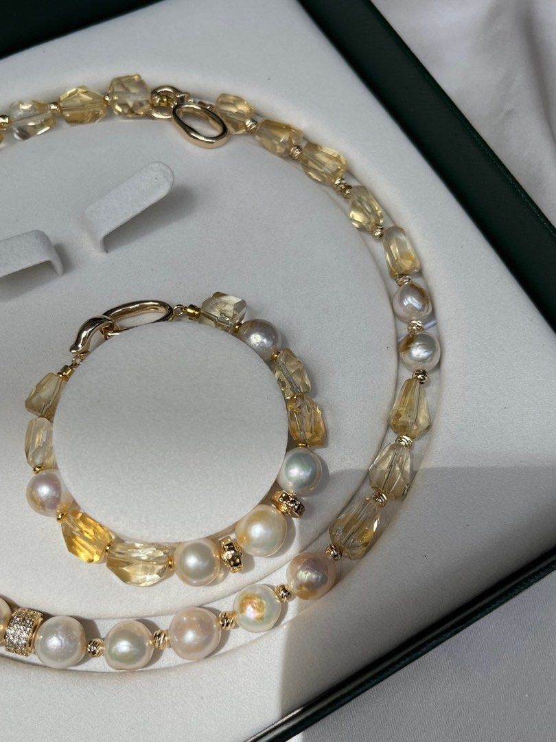 #PN187 Gilt Freshwater Baroque Pearl & Yellow Quartz Necklace & Bracelet Set |Wrinkled Baroque Pearl