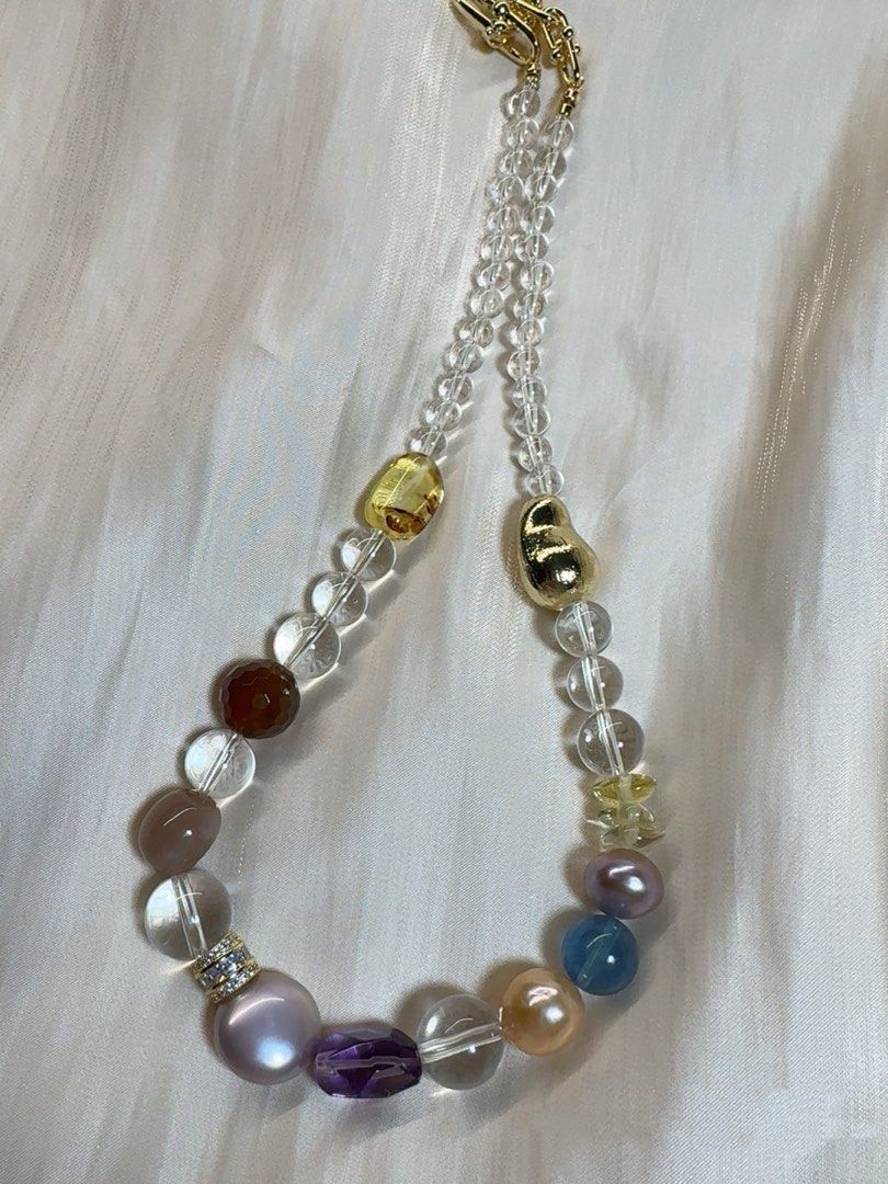 #PN434 Snow Princess|Freshwater Pearl Necklace |Amber|Red Agate|Orange Moonstone|Coin Pearl|Purple Quartz |Aquamarine