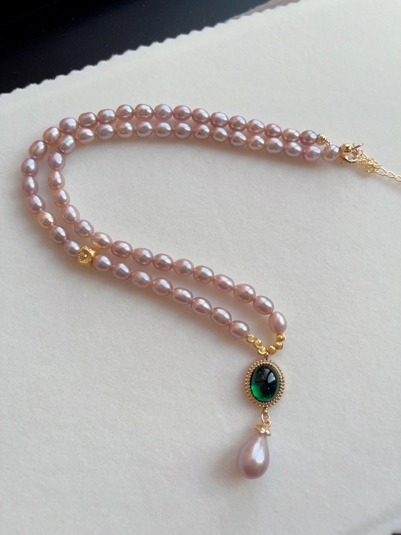 #PN126 Freshwater Pearl Necklace |Purple Pearls|Metallic Lustre| Green Nano Pendant |Peach Blossom Charm