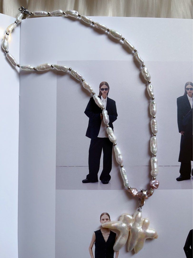 #PN385 [Sale]Handmade Original Design Freshwater Pearl Necklace |”Stick” Baroque Pearl |Natural Joining Cross Pearl Pendant Removable