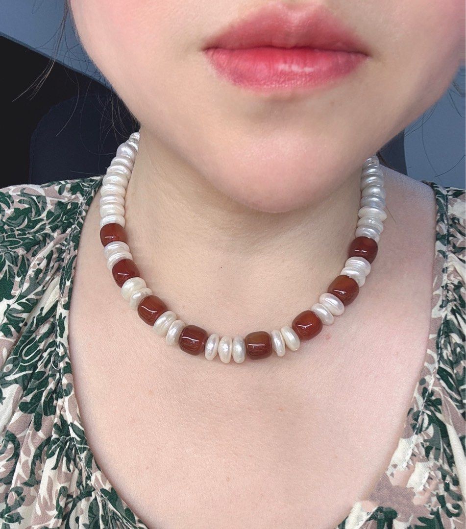 #PN420 Red Queen |Freshwater Pearl Necklace |Layered Coin Pearl |Natural Flaws |Red Agate