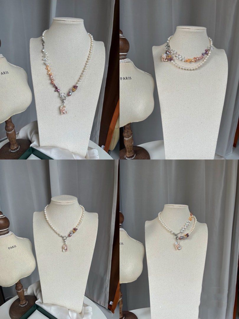 #PN27 [Floral Series] Gradient Flower |Freshwater Pearl Necklace & Bracelet Set |Rainbow Colour |Lustrous Baroque Pearl |Wrinkled Pearl |Removable Pendant |Multi Wearing |Butterfly Clasp