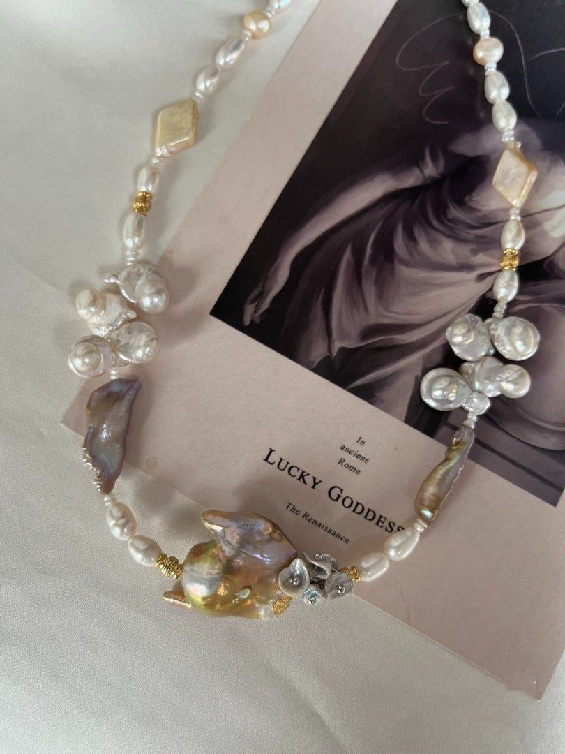 #PN325 [Floral Series] Golden Angel|Freshwater Pearl Necklace |Silver Lustre Pearl-on-petal|Champagne