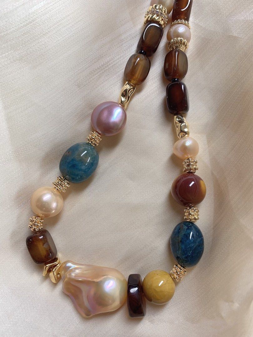 #PN390 [Sale]Handmade Original Design |Freshwater Pearl Necklace |Brown Agate|Natural Stones|Big Baroque Pearl |Button Pearl