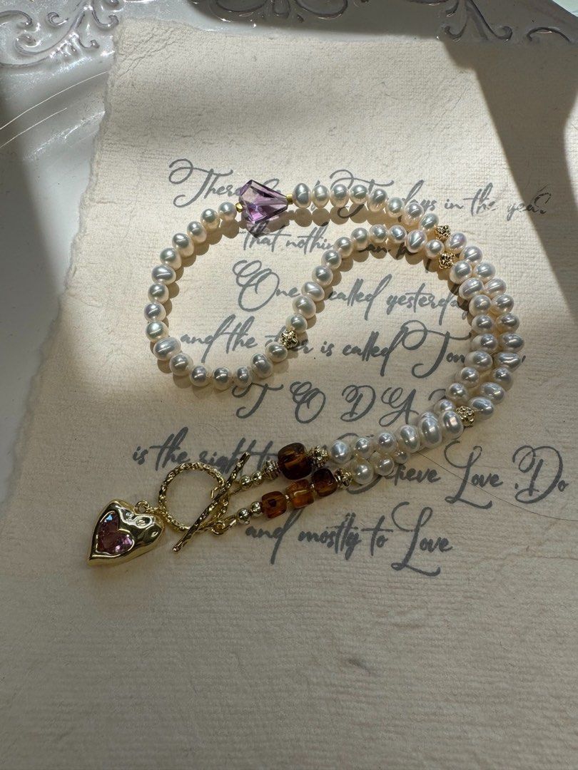 #PN440 Pink Heart|Freshwater Pearl Necklace |Amber|Clear Amethyst | Multi Wear|Lustrous