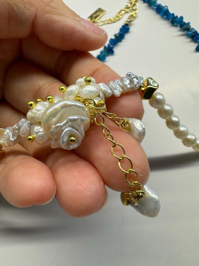 #PN439 [Floral Series] Blue Sky | Freshwater Pearl Necklace |Blue Apatite|Dangling Design|Petal Pearl |Irregular