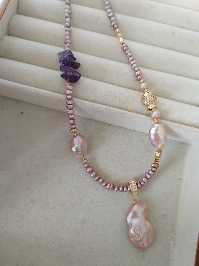 #PN297 Dynamic Sea| Freshwater Pearl Necklace | Fish Charm | Amethyst Chip| Baby Baroque Pearl | Gourd Removable Pendant | Lustrous