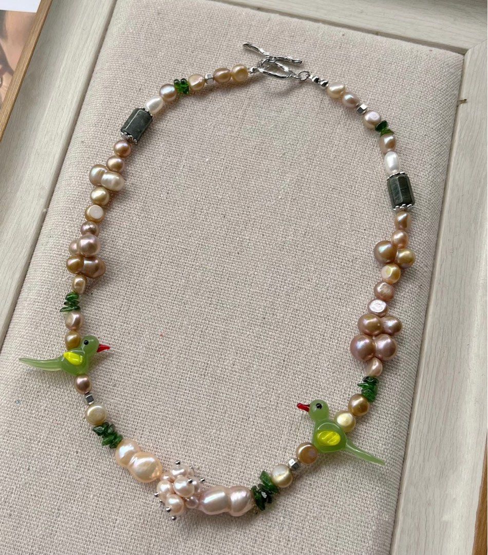 #PN165 [Floral Series] Birds in Jungle|Freshwater Pearl Necklace |Jade|Natural Stone|Gourd Pearl|Baroque Pearl|Golden Lustre