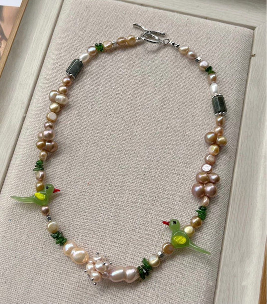 #PN165 [Floral Series] Birds in Jungle|Freshwater Pearl Necklace |Jade|Natural Stone|Gourd Pearl|Baroque Pearl|Golden Lustre