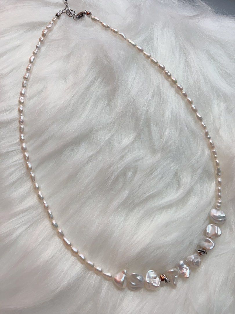 #PN340 Cool & Sweet| Freshwater Pearl Necklace | Ancient Silver Shape Baroque Pearl | Silver-ish Lustre| Baby Keshi Pearl