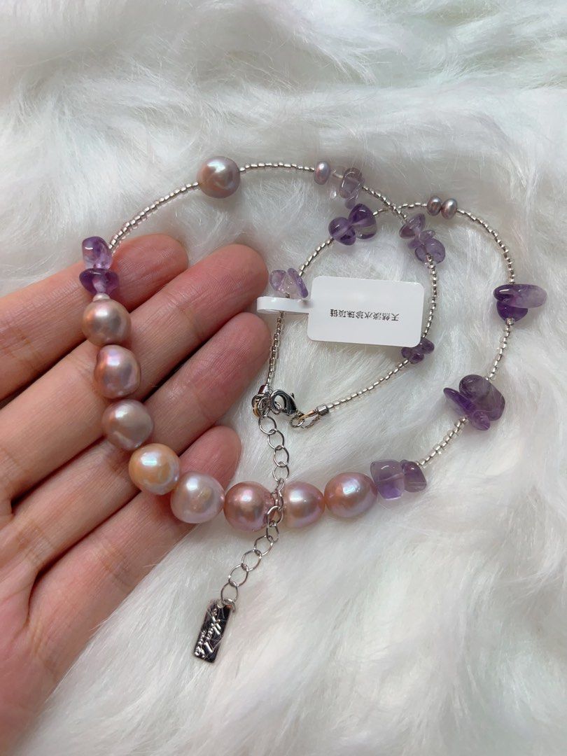 #PN335 Lavender Lake| Freshwater Pearl Necklace | Amethyst Chip | Imported Beads| Purple Baroque Pearl | Natural Flaw
