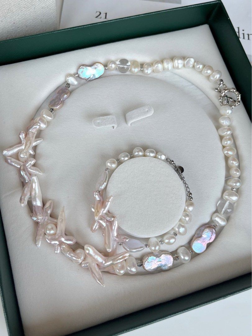 #PN68 Cross Flower | Freshwater Pearl Necklace & Bracelet Set | Bit Pinkish Cross Pearl | Lustrous Baroque Pearl | White Quartz