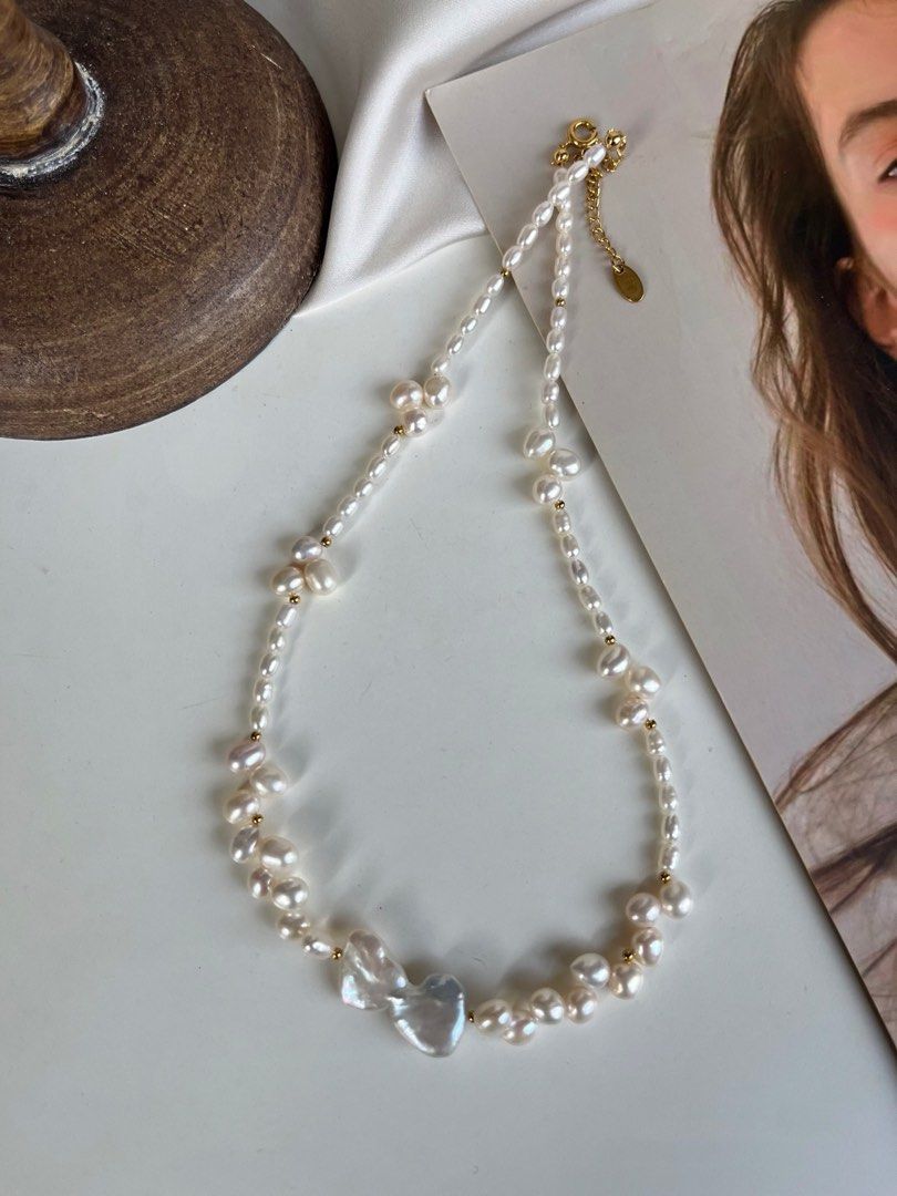 #PN368 Connected Heart|Freshwater Pearl Necklace |Bow Shaped Baroque Pearl |Wheat Ear Design