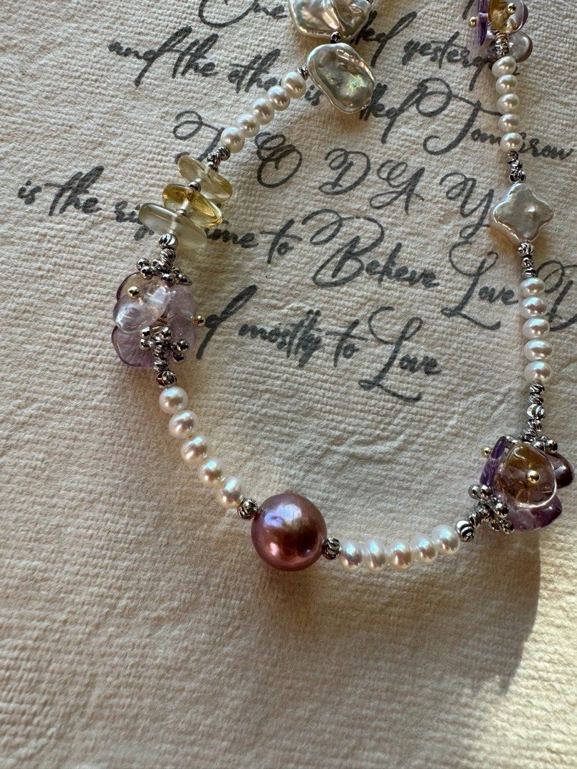 #PN433 [Floral Series ] Silver Flower| Freshwater Pearl Necklace |High Quality Purple Quartz |Silver-Grey Petal Pearl |Yellow Quartz |Baby Pearl|Clover Shaped Pearl |Metallic Edison Pearl