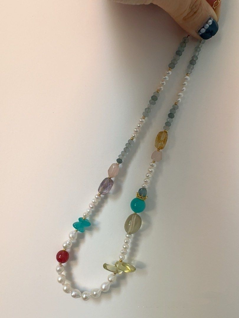 #PN413 Grey Sky|Freshwater Pearl Necklace |Small Waterdrop Pearl|Rose Quartz | Amazonite |Citrine |Grey-blue Aquamarine