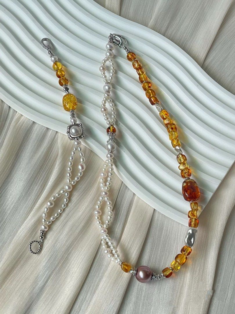 #PN354 Woven Golden |Freshwater Pearl Necklace & Bracelet Set |Edison Pearl |Beeswax Freeform, Cubes|Double-layer