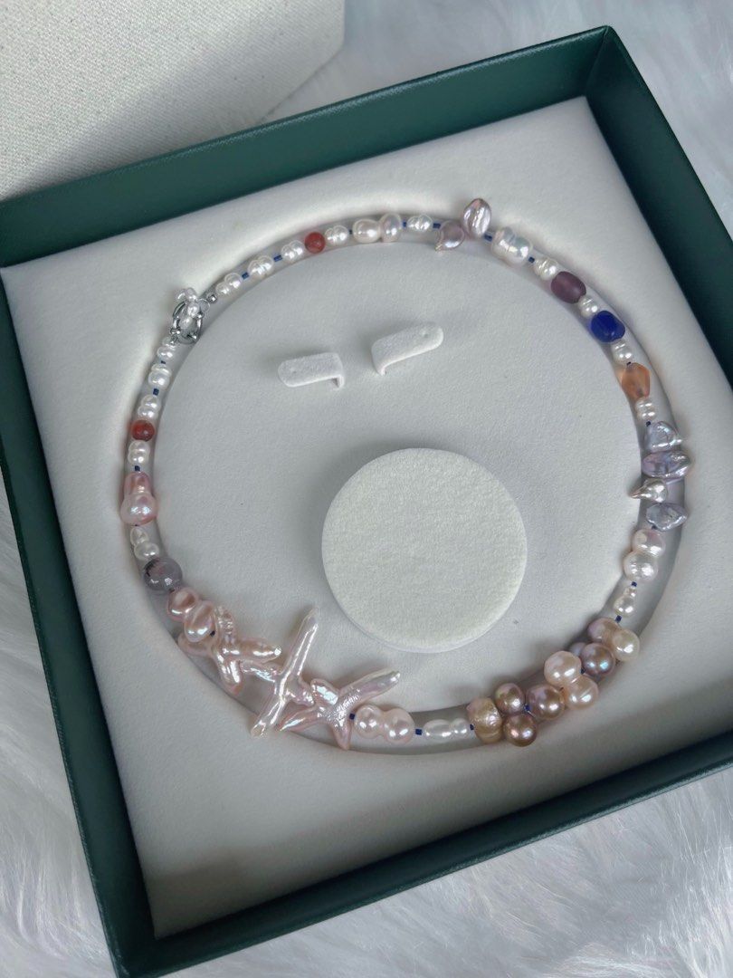 #PN431 Pink & Blue|Freshwater Pearl Necklace |Cross Shaped Pearl|Gourd Shaped Pearl |Mixed Sizes|Bronze Colour