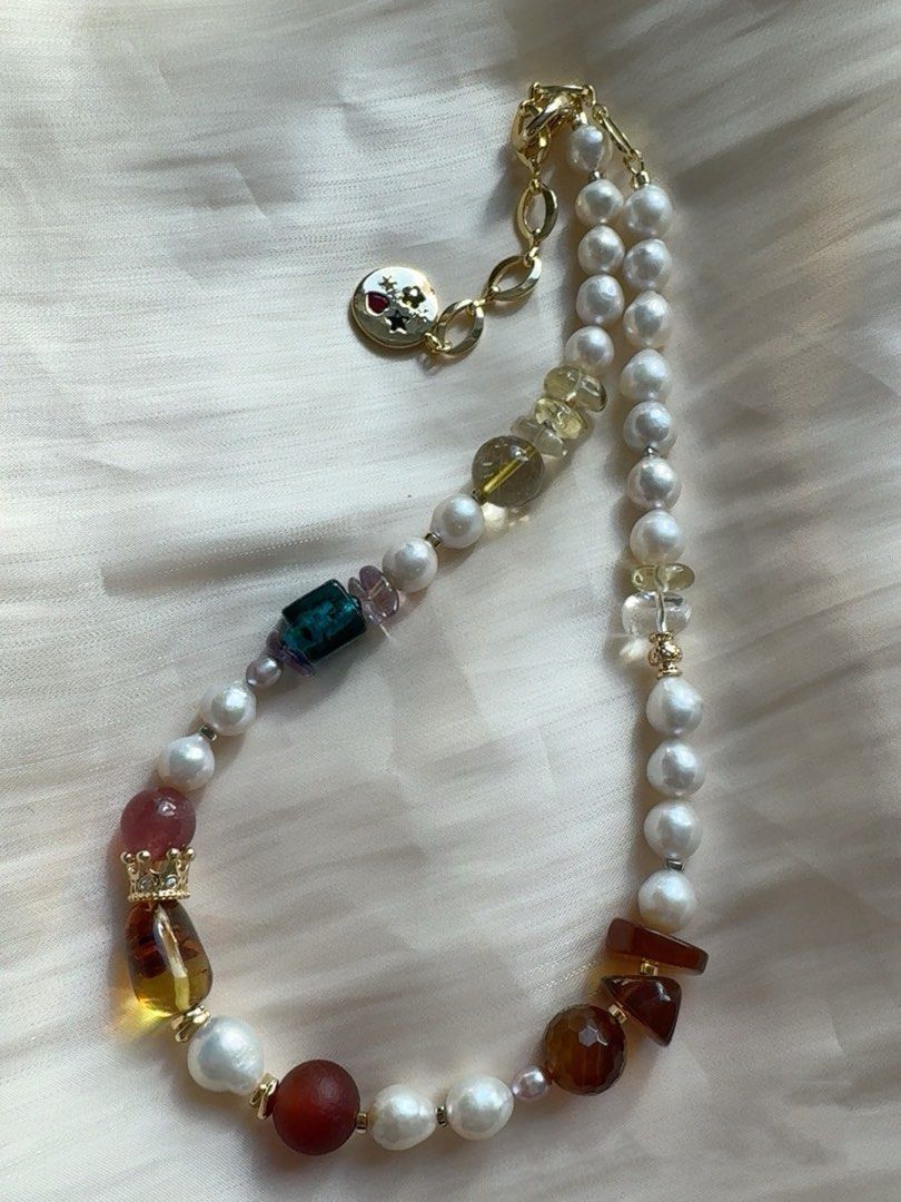 #PN423 Summer Break|Freshwater Pearl Necklace |Baroque Pearl|Amber|Strawberry Quartz |Beeswax|Yellow Quartz