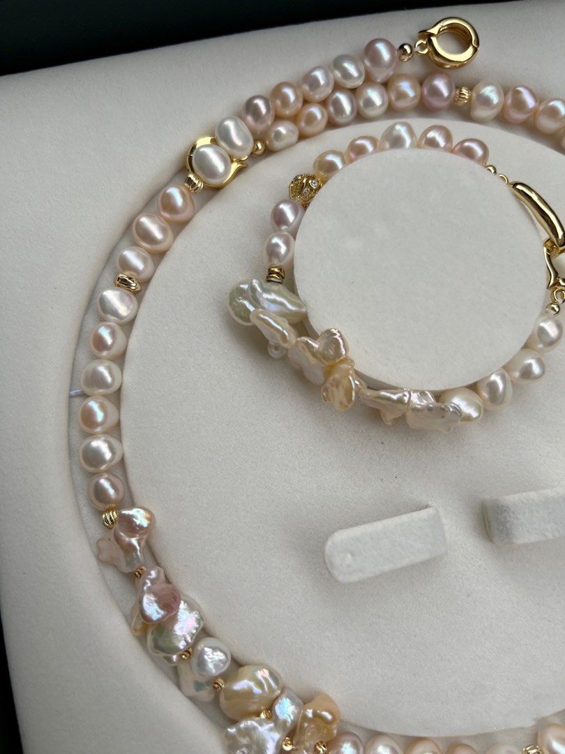 #PN186 [Floral Series] Morandi Colour High Quality Freshwater Baroque Pearl Petal Necklace & Bracelet Set|Genuine Conjoined Pearls