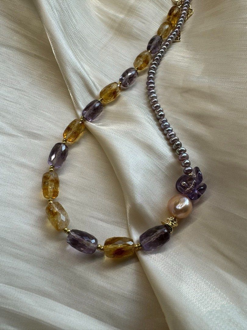 #PN441 [Floral Series] Purple Heart|Freshwater Pearl Necklace |Purple & Yellow Quartz |Baby Baroque Pearl |Lustrous
