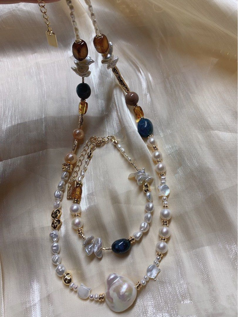 #PN204 Autumn Garden |Freshwater Pearl Necklace & Bracelet Set|Baby Baroque Pearl |Big Petal Baroque Pearl |Tea Quartz |Natural Stones |Cat Head Shell