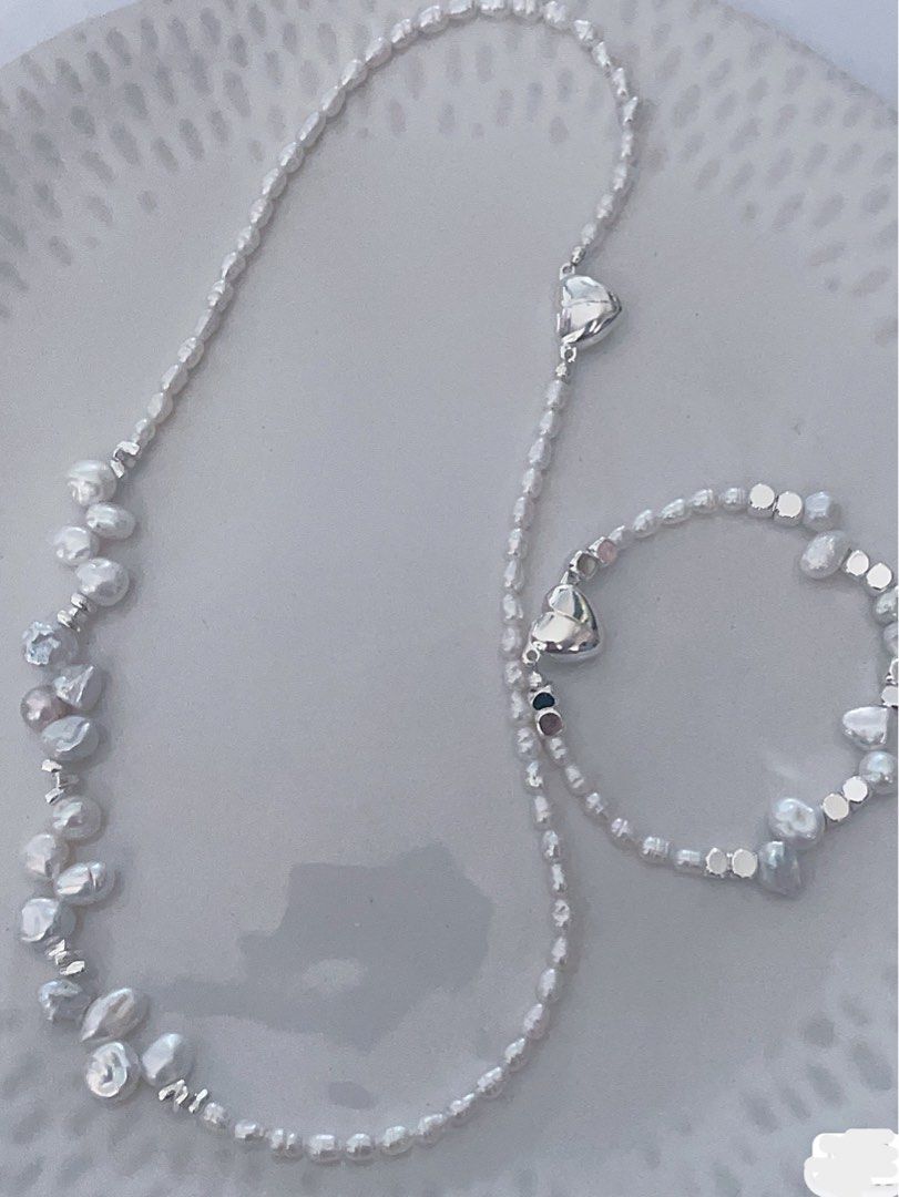 #PN188 [Clearance Sale] Freshwater Pearl Necklace & Bracelet Set |Silver|Heart Shaped Clasp|Baby Pearl|Can Connect into One Long Necklace