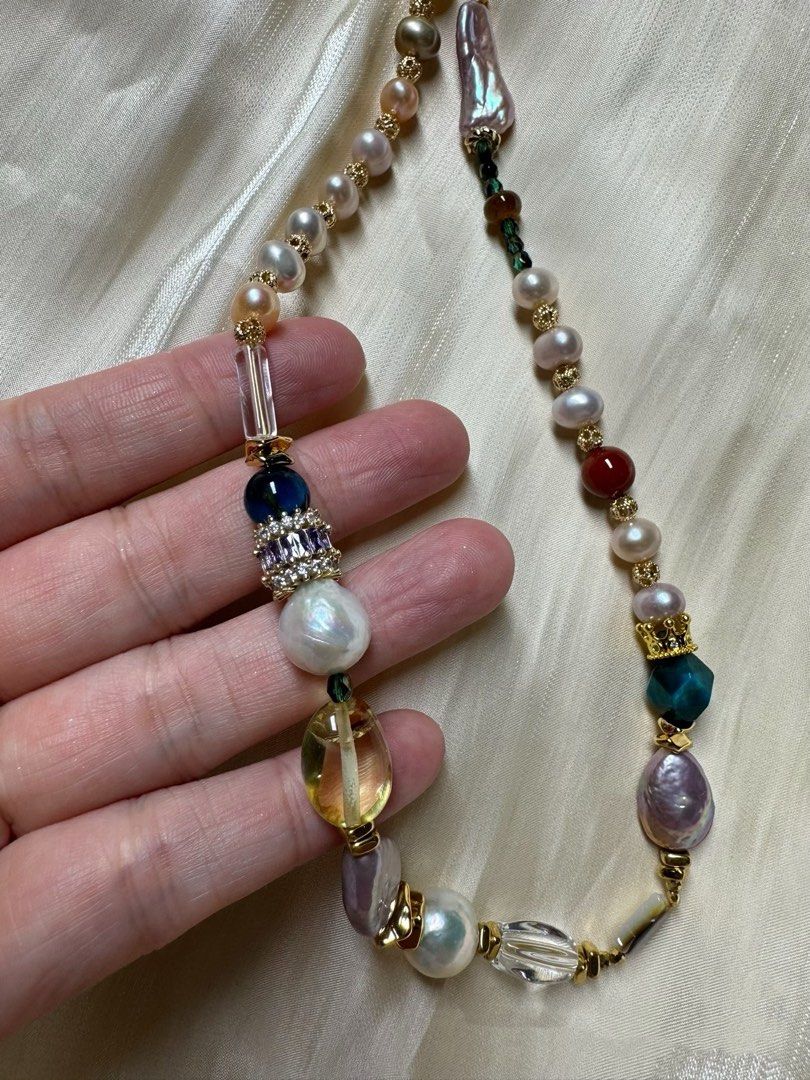 #PN435 Storm Queen| Freshwater Pearl Necklace |Amber|Water-drop Shaped Pearl|Wrinkled Pearl |White Quartz |Lute Pearl
