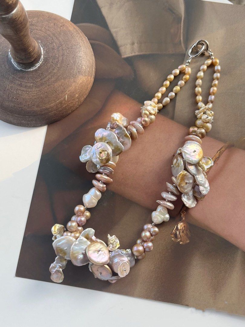 #PN361 [Floral Series] Wildflowers |Freshwater Pearl Necklace |Big Fused Baroque Petal Pearl |Deep Golden Lustre|Coin Pearl|Gourd Shaped Pearls