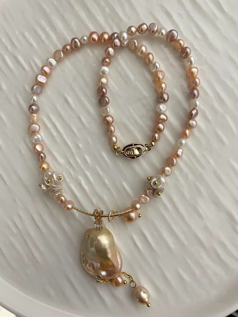 #PN69 [Floral Series] Freshwater Pearl Necklace & Bracelet Set|Colourful |Lustrous|Petal Pearl |Big Baroque Pendant |Dangling Design|Wrinkled Pearl