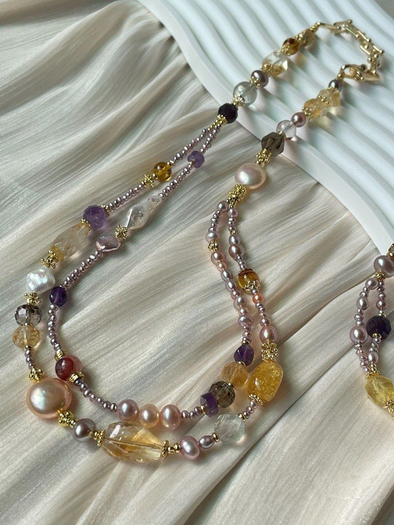 #PN01 Serene Spectrum |Freshwater Pearl Necklace & Bracelet Set |Baby Baroque |Coin Baroque |Double-layer|Beeswax|Amethyst Freeform |Citrine|Fire Quartz |Fluorite