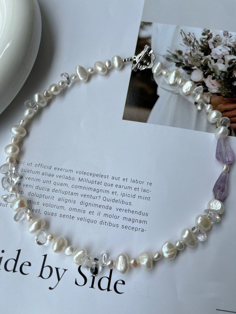 #PN401 Clear Purple |Freshwater Pearl Necklace |Baroque Pearl | Amethyst Pointer |Clear Quartz