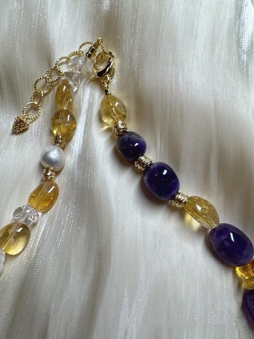 #PN12 Gorgeous Purple |Freshwater Pearl Necklace|Big Yellow Quartz |Big Purple Quartz |Deep Purple |Beeswax|Big Baroque Pearl |Irregular|Strong Presence