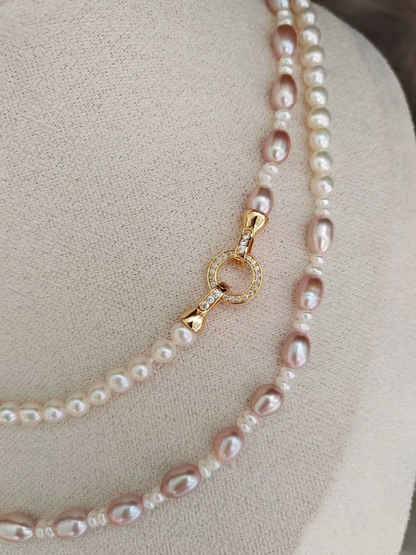 #PN291 Sea Breeze | Freshwater Pearl Necklace | Long Sweater Necklace | Lustrous Purple Rice Pearl | White Baroque Pearl | Zircon Clasp