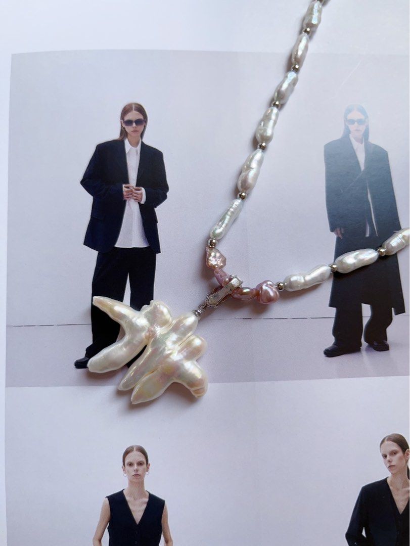 #PN385 [Sale]Handmade Original Design Freshwater Pearl Necklace |”Stick” Baroque Pearl |Natural Joining Cross Pearl Pendant Removable