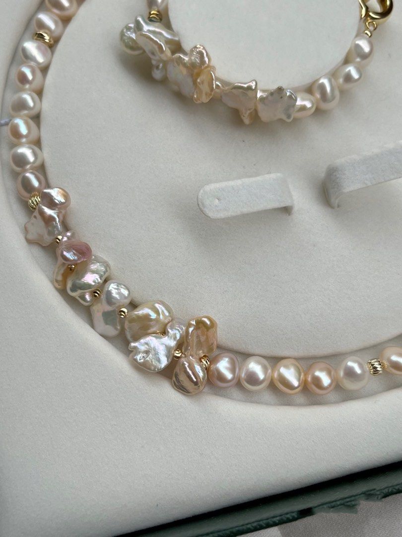 #PN186 [Floral Series] Morandi Colour High Quality Freshwater Baroque Pearl Petal Necklace & Bracelet Set|Genuine Conjoined Pearls