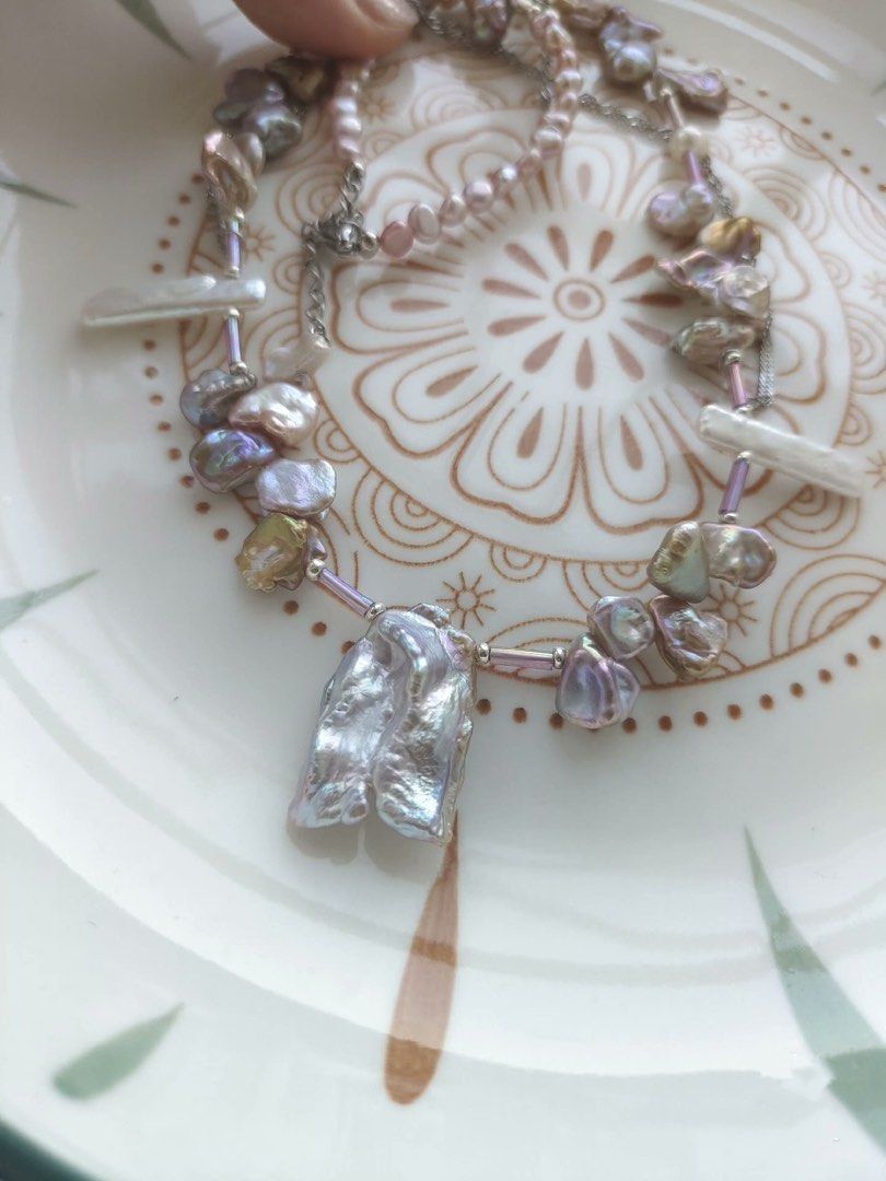 #PN395 [Sale]Fairy Purple Baroque Petals Pearl Necklace |Gilt Colour|Dangling Chains