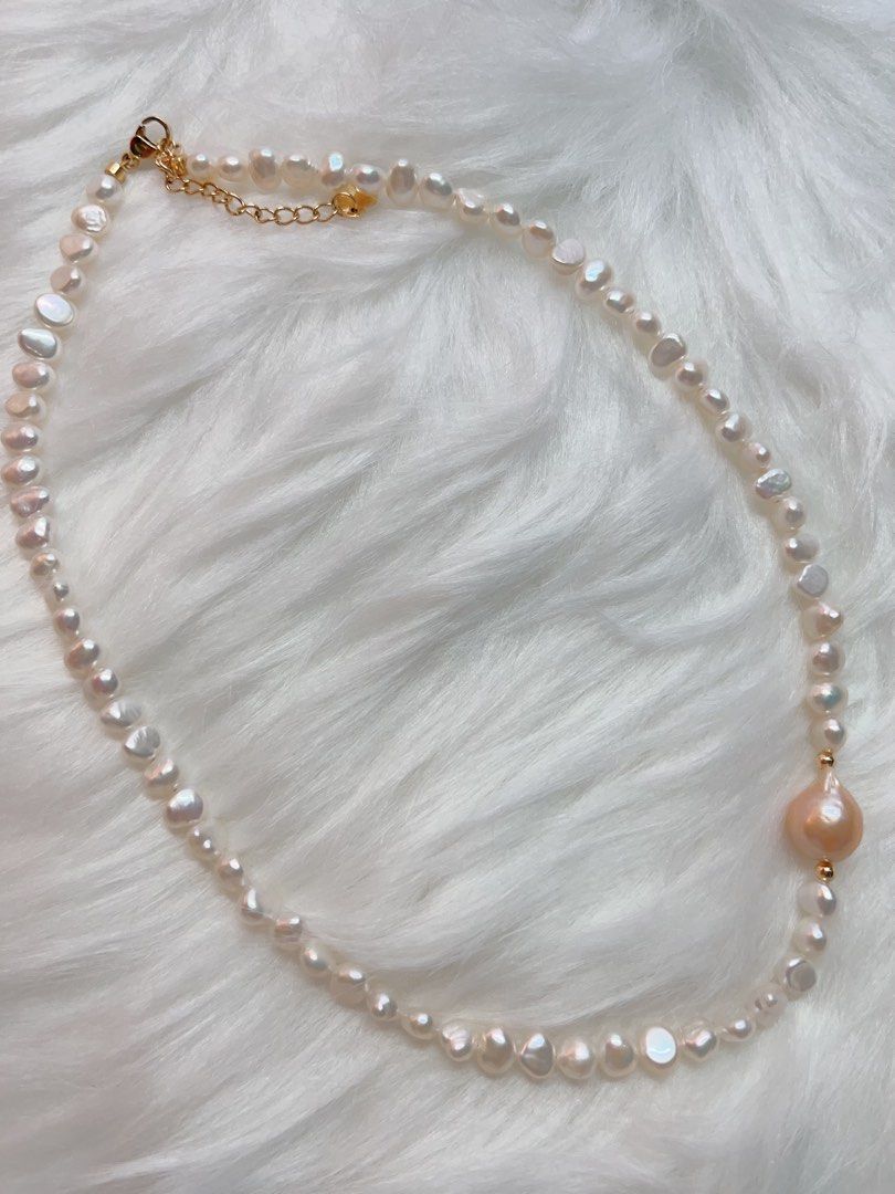 #PN405 Pink in White| Freshwater Pearl Necklace & Bracelet Set | Big Baroque Pearl | Champagne Pink| White Baroque Pearl | Lustrous