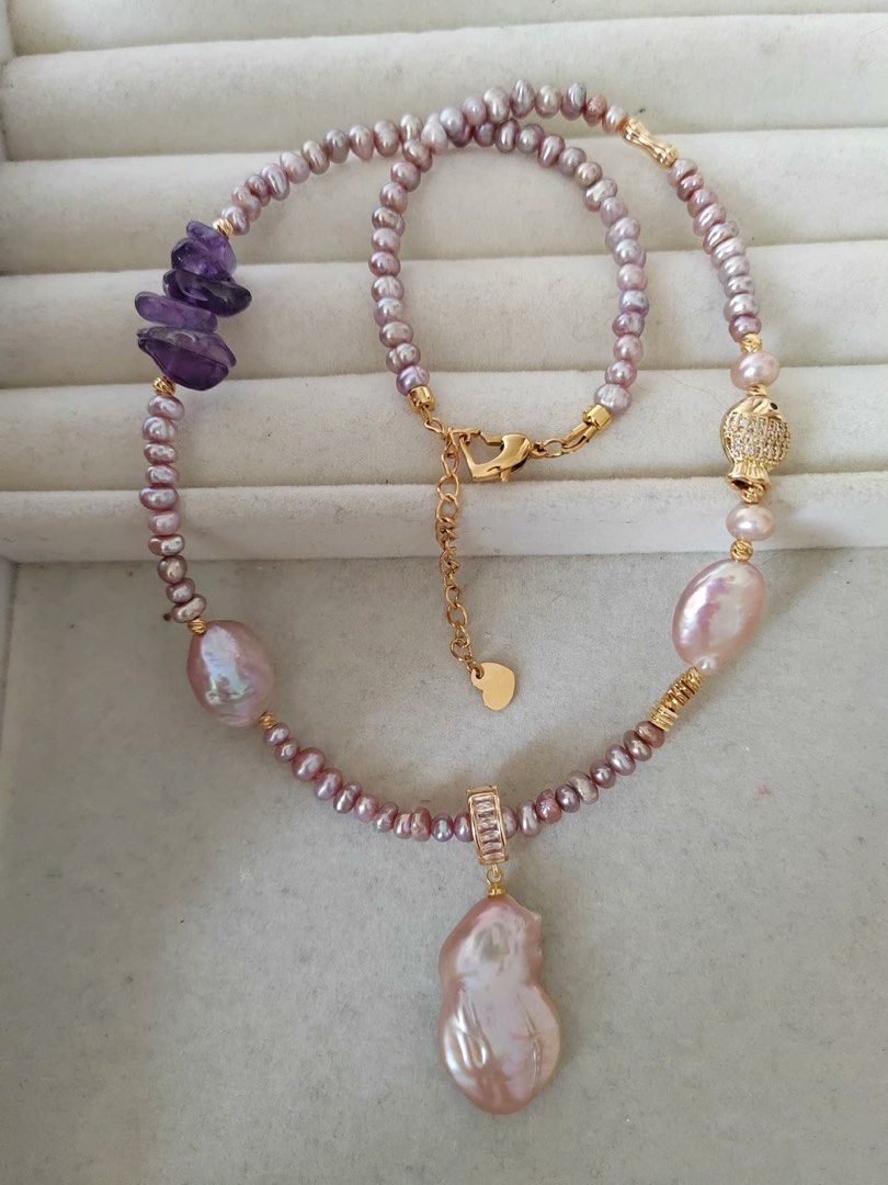 #PN297 Dynamic Sea| Freshwater Pearl Necklace | Fish Charm | Amethyst Chip| Baby Baroque Pearl | Gourd Removable Pendant | Lustrous