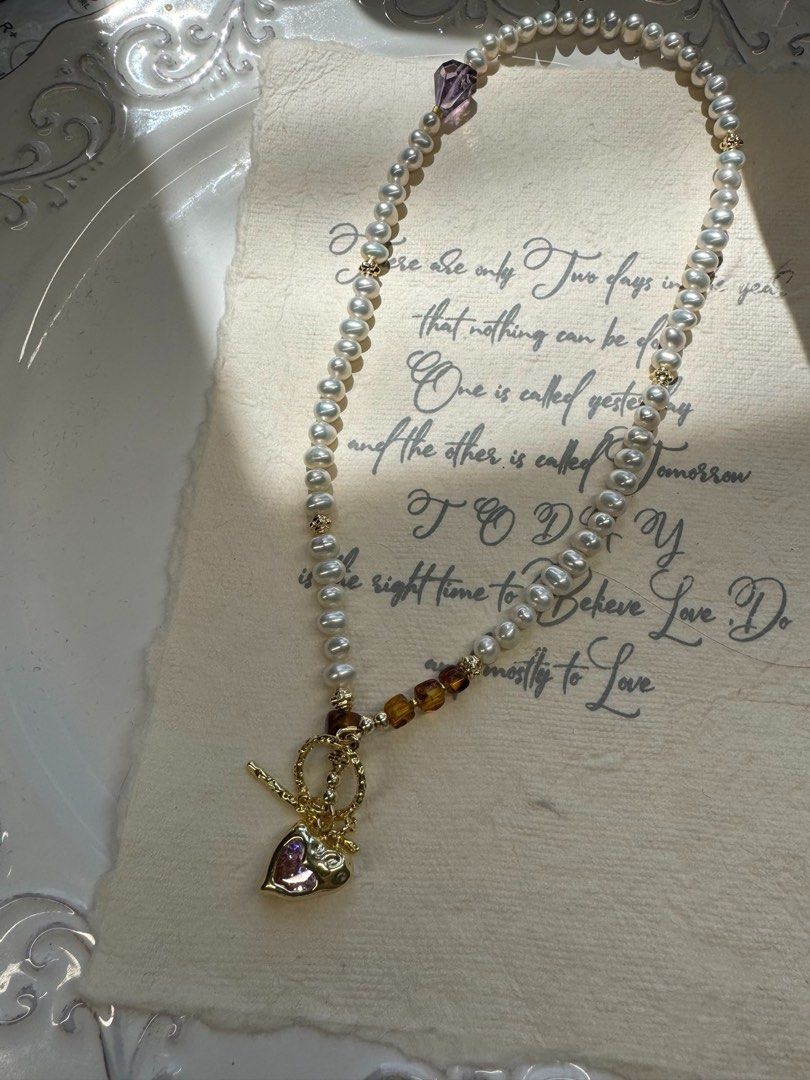 #PN440 Pink Heart|Freshwater Pearl Necklace |Amber|Clear Amethyst | Multi Wear|Lustrous