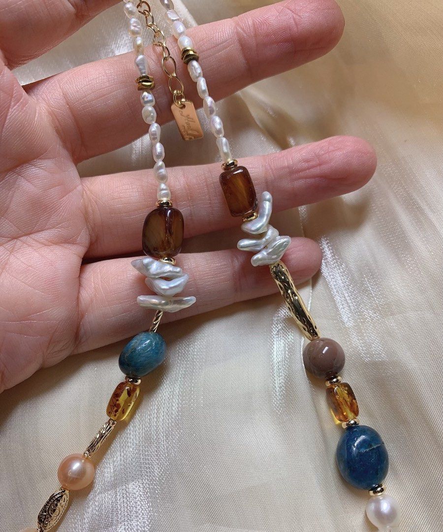 #PN204 Autumn Garden |Freshwater Pearl Necklace & Bracelet Set|Baby Baroque Pearl |Big Petal Baroque Pearl |Tea Quartz |Natural Stones |Cat Head Shell